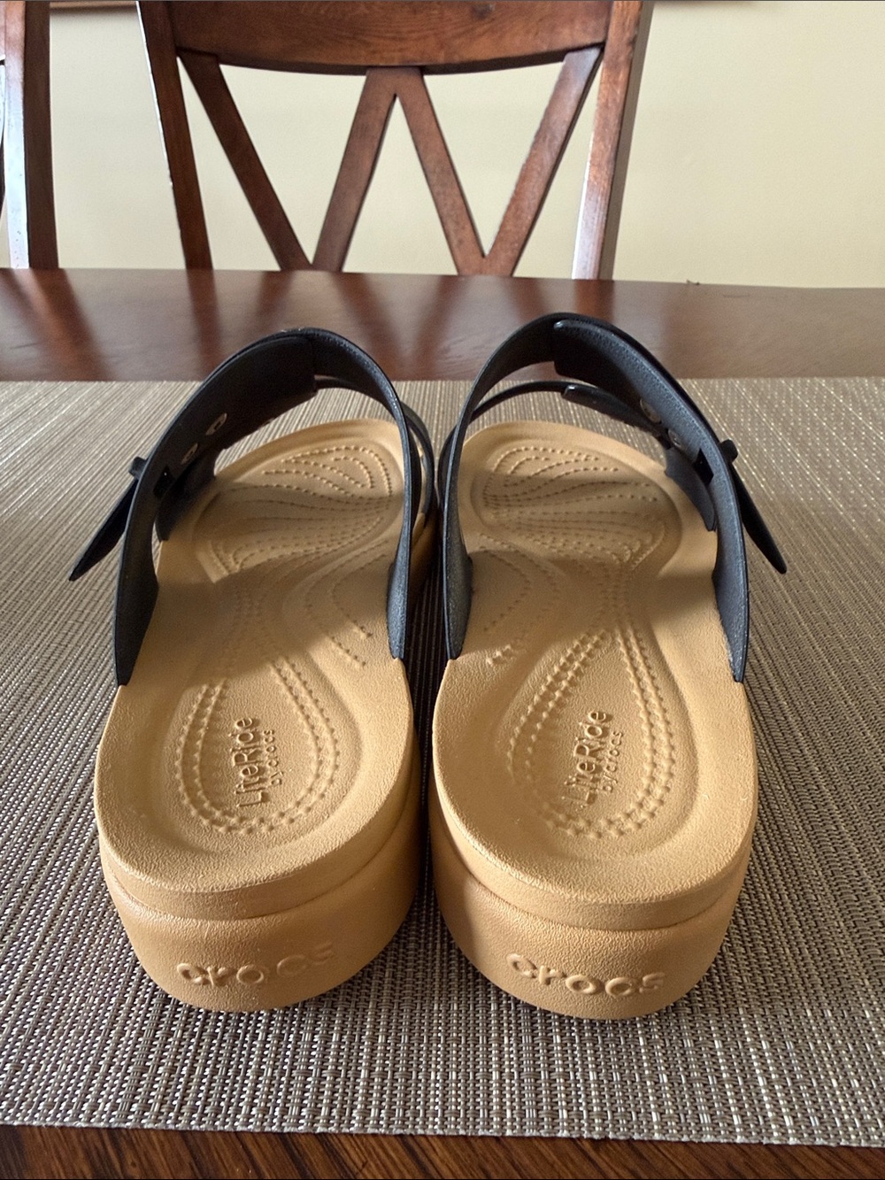 Crocs Black Two-Strap Slide Sandals with Tan Footbed - Picture 3 of 4